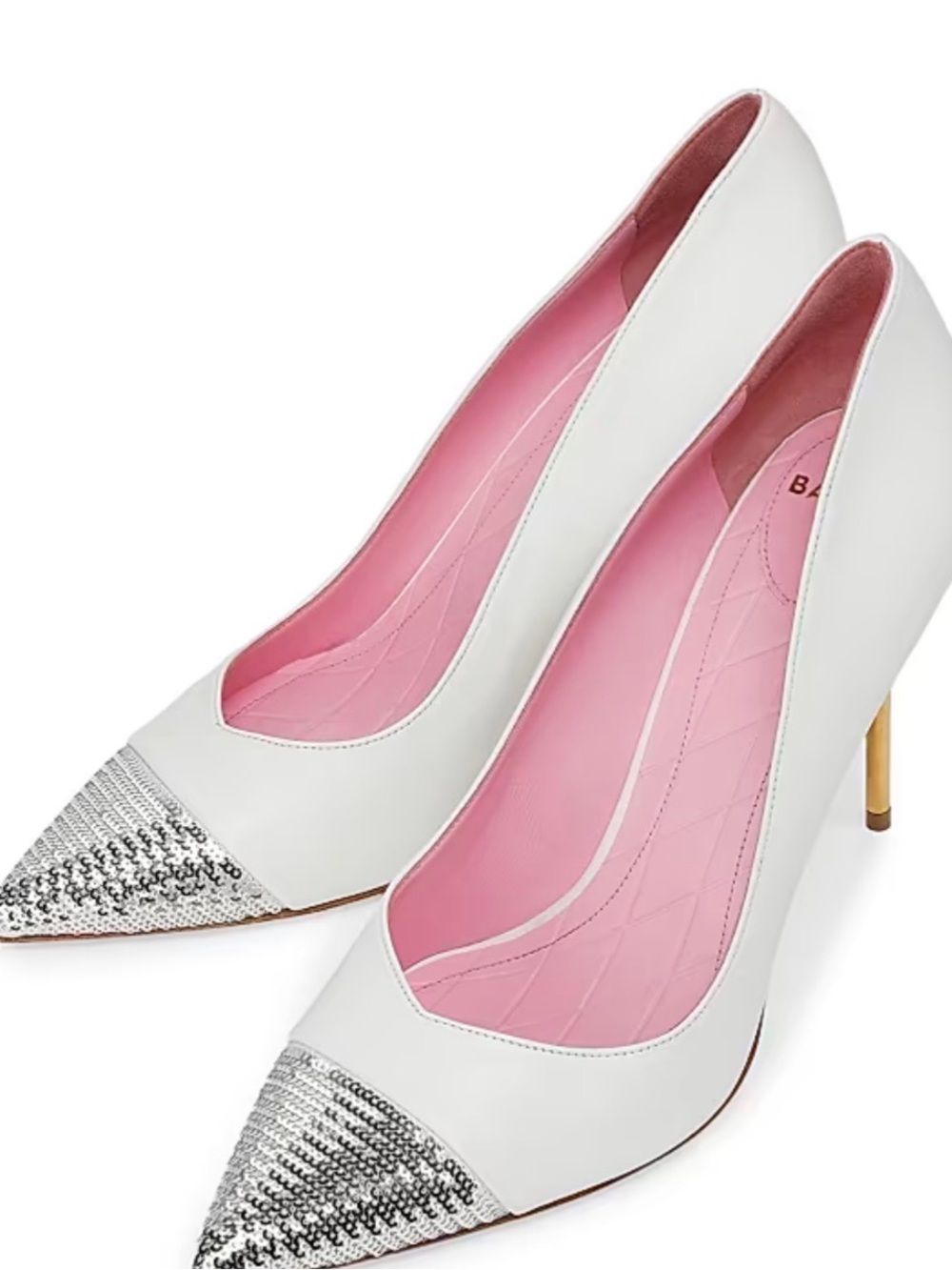 Balmain Ruby 95 MM White Leather Pump with Silver Sequin Cap and Pink Lining